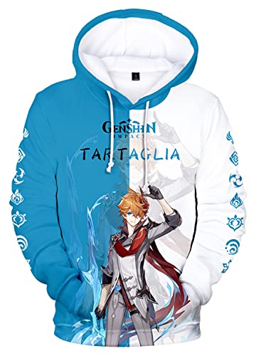 AMOMA Cosplay Anime Spiel Genshin Impact 3D Digital Hoodie Freizeit Lange Ärmel Unisex Kapuzenpullover Sweatshirt(3XL,Tartaglia-BW) von AMOMA