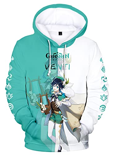 AMOMA Cosplay Anime Spiel Genshin Impact 3D Digital Hoodie Freizeit Lange Ärmel Unisex Kapuzenpullover Sweatshirt(3XL,Venti-GW) von AMOMA