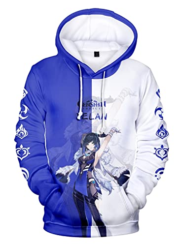 AMOMA Cosplay Anime Spiel Genshin Impact 3D Digital Hoodie Freizeit Lange Ärmel Unisex Kapuzenpullover Sweatshirt(3XL,Yelan-BW) von AMOMA