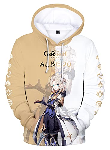 AMOMA Cosplay Anime Spiel Genshin Impact 3D Digital Hoodie Freizeit Lange Ärmel Unisex Kapuzenpullover Sweatshirt(L,Albedo-CW) von AMOMA