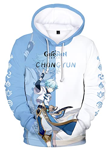 AMOMA Cosplay Anime Spiel Genshin Impact 3D Digital Hoodie Freizeit Lange Ärmel Unisex Kapuzenpullover Sweatshirt(L,ChongYun-BW) von AMOMA