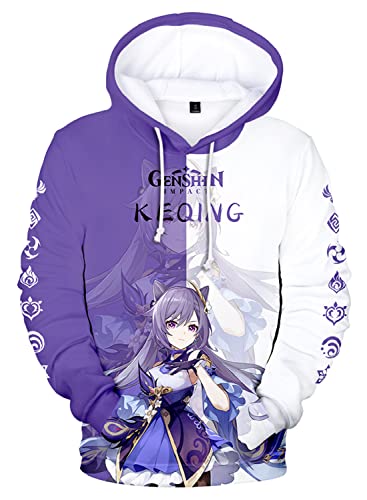 AMOMA Cosplay Anime Spiel 3D Digital Hoodie Freizeit Lange Ärmel Unisex Kapuzenpullover Sweatshirt(L,KeQing-PW) von AMOMA