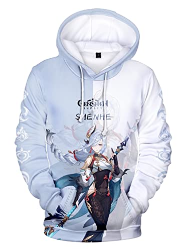 AMOMA Cosplay Anime Spiel Genshin Impact 3D Digital Hoodie Freizeit Lange Ärmel Unisex Kapuzenpullover Sweatshirt(L,Shenhe-BW) von AMOMA