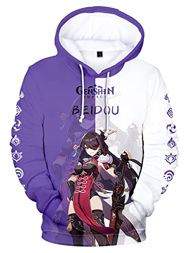 AMOMA Cosplay Anime Spiel 3D Digital Hoodie Freizeit Lange Ärmel Unisex Kapuzenpullover Sweatshirt(M,Beidou-PW) von AMOMA