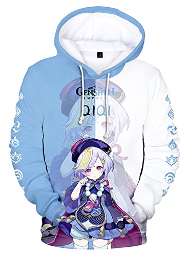 AMOMA Cosplay Anime Spiel Genshin Impact 3D Digital Hoodie Freizeit Lange Ärmel Unisex Kapuzenpullover Sweatshirt(M,Qiqi-BW) von AMOMA