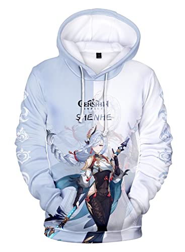 AMOMA Cosplay Anime Spiel Genshin Impact 3D Digital Hoodie Freizeit Lange Ärmel Unisex Kapuzenpullover Sweatshirt(M,Shenhe-BW) von AMOMA