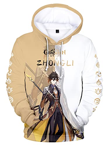 AMOMA Cosplay Anime Spiel Genshin Impact 3D Digital Hoodie Freizeit Lange Ärmel Unisex Kapuzenpullover Sweatshirt(M,ZhongLi-CW) von AMOMA