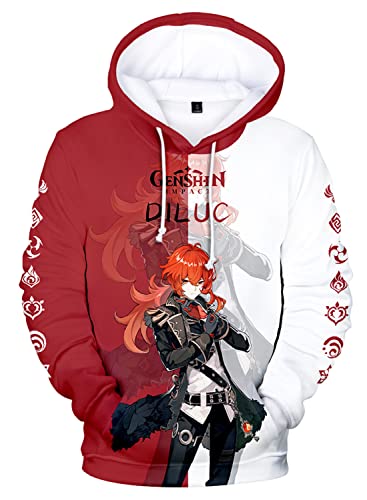 AMOMA Cosplay Anime Spiel Genshin Impact 3D Digital Hoodie Freizeit Lange Ärmel Unisex Kapuzenpullover Sweatshirt(XL,Diluc-RW) von AMOMA