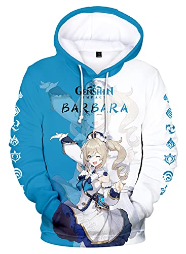 AMOMA Cosplay Anime Spiel Genshin Impact 3D Digital Hoodie Freizeit Lange Ärmel Unisex Kapuzenpullover Sweatshirt(XS,Barbara-BW) von AMOMA