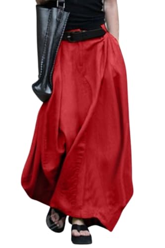 AMOMA Damen Einfarbige Hohe Taille A-Linie Maxirock Oversized Röcke mit Taschen(4XL,Red) von AMOMA