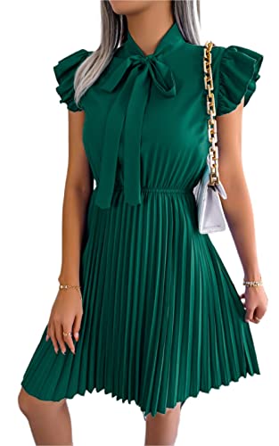 AMOMA Damen Elegante Sommer Front Tie Knoten Elastische Taille Rüschen Cap Ärmel Knielang Plissee Kleid(M,Green) von AMOMA