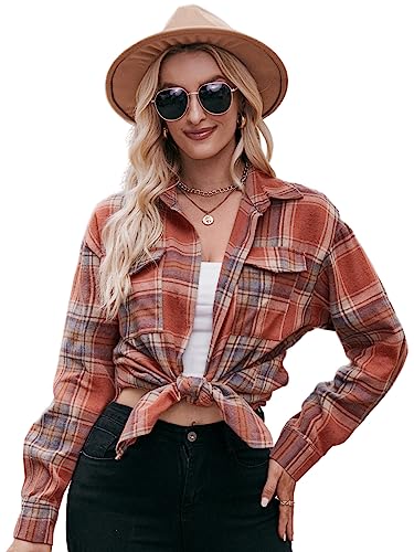 AMOMA Damen Freizeit Langarm Überdimensioniert Knopf Plaid Karierte Hemden Reverskragen Bluse Top(M,PlaidCaramel) von AMOMA