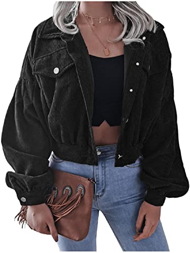 AMOMA Damen Freizeitl Kurz geschnittene Cordjacke Langen Ärmeln Knopf unten Crop Top Kurzer Mantel(L,Black) von AMOMA