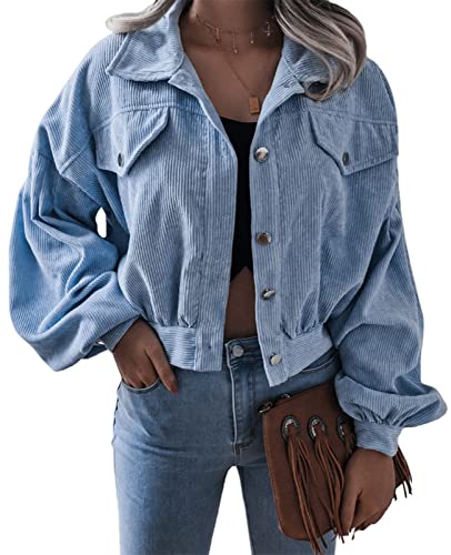 AMOMA Damen Freizeitl Kurz geschnittene Cordjacke Langen Ärmeln Knopf unten Crop Top Kurzer Mantel(M,Blue) von AMOMA
