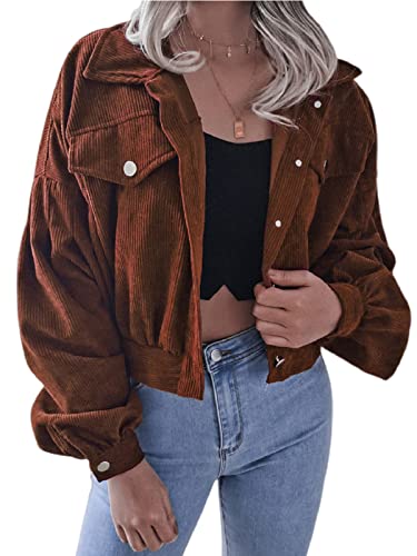 AMOMA Damen Freizeitl Kurz geschnittene Cordjacke Langen Ärmeln Knopf unten Crop Top Kurzer Mantel(M,Brown) von AMOMA