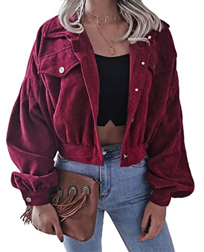 AMOMA Damen Freizeitl Kurz geschnittene Cordjacke Langen Ärmeln Knopf unten Crop Top Kurzer Mantel(S,WineRed) von AMOMA