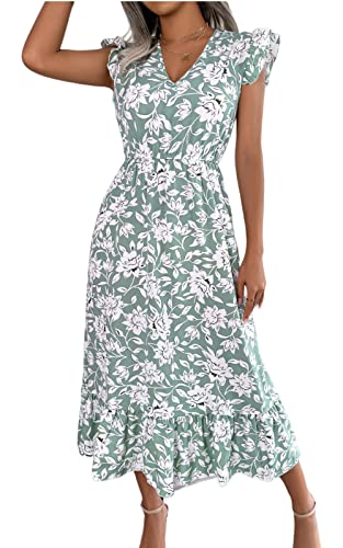 AMOMA Damen Frühling Sommer Elastische Hohe Taille Rüschen Cap Ärmel Freizeit Blumenprint Rüschen Fließendes Maxikleid(M,FloralLightGreen) von AMOMA