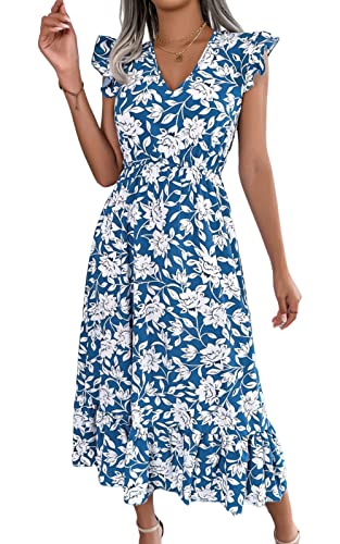 AMOMA Damen Frühling Sommer Elastische Hohe Taille Rüschen Cap Ärmel Freizeit Blumenprint Rüschen Fließendes Maxikleid(S,FloralDarkblue) von AMOMA