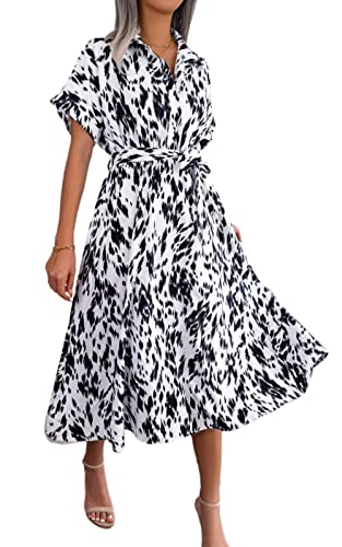 AMOMA Damen Frühling Sommer Taille Bow Knot Freizeit Kurzarm Revers Flowy Midi Kleid(L,LeopardWhite) von AMOMA