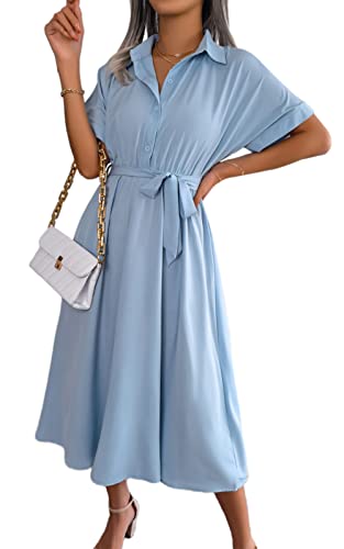 AMOMA Damen Frühling Sommer Taille Bow Knot Freizeit Kurzarm Revers Flowy Midi Kleid(M,SolidLightblue) von AMOMA