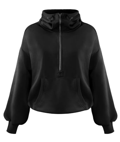 AMOMA Damen Halber Reißverschluss Zeichenfolge Hoodie Raglan Langarm Kapuzenpullover mit Tasche(S,Black) von AMOMA