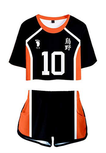AMOMA Damen Mädchen Anime Haikyuu Karasuno High School Cosplay Crop Top und Shorts Trainingsanzug Zweiteilige(L,Karasuno10) von AMOMA