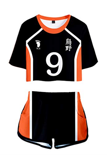 AMOMA Damen Mädchen Anime Haikyuu Karasuno High School Cosplay Crop Top und Shorts Trainingsanzug Zweiteilige(S,Karasuno9) von AMOMA