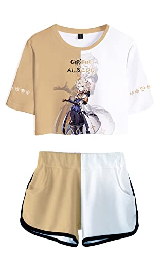 AMOMA Damen Mädchen Cosplay Spiel Genshin Impact Crop Top T-Shirt und Shorts Trainingsanzug Zweiteilige Sets Streetwear(M,Albedo-Khaki) von AMOMA