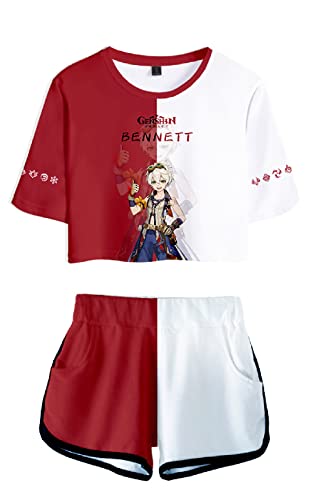 AMOMA Damen Mädchen Cosplay Spiel Genshin Impact Crop Top T-Shirt und Shorts Trainingsanzug Zweiteilige Sets Streetwear(M,Bennett-Red) von AMOMA