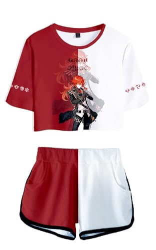 AMOMA Damen Mädchen Cosplay Spiel Crop Top T-Shirt und Shorts Trainingsanzug Zweiteilige Sets Streetwear(M,Diluc-Red) von AMOMA