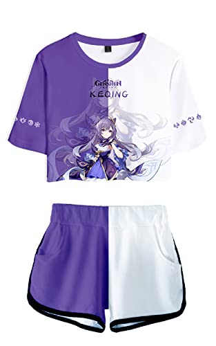 AMOMA Damen Mädchen Cosplay Spiel Genshin Impact Crop Top T-Shirt und Shorts Trainingsanzug Zweiteilige Sets Streetwear(M,Keqing-Purple) von AMOMA