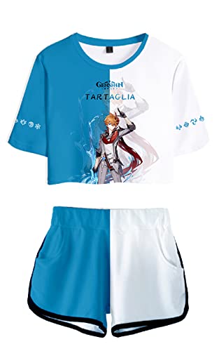 AMOMA Damen Mädchen Cosplay Spiel Genshin Impact Crop Top T-Shirt und Shorts Trainingsanzug Zweiteilige Sets Streetwear(M,Tartaglia-Blue) von AMOMA