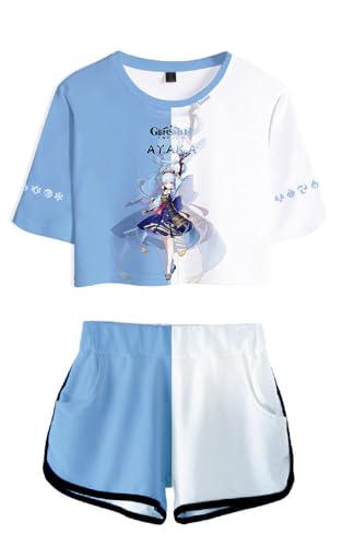 AMOMA Damen Mädchen Cosplay Spiel Crop Top T-Shirt und Shorts Trainingsanzug Zweiteilige Sets Streetwear(S,Ayaka-Lightblue) von AMOMA