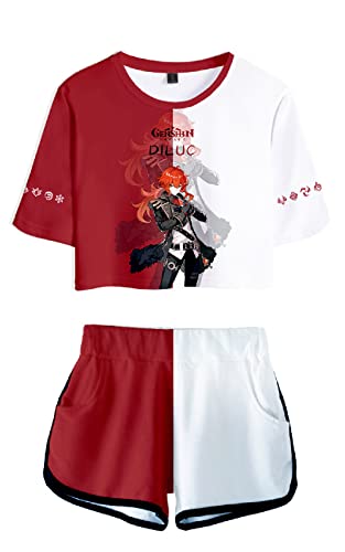 AMOMA Damen Mädchen Cosplay Spiel Genshin Impact Crop Top T-Shirt und Shorts Trainingsanzug Zweiteilige Sets Streetwear(S,Diluc-Red) von AMOMA