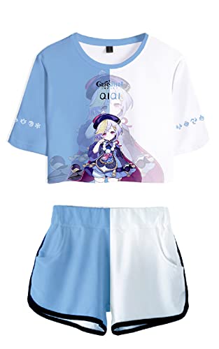 AMOMA Damen Mädchen Cosplay Spiel Genshin Impact Crop Top T-Shirt und Shorts Trainingsanzug Zweiteilige Sets Streetwear(S,Qiqi-Lightblue) von AMOMA