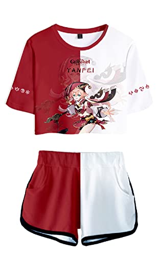 AMOMA Damen Mädchen Cosplay Spiel Genshin Impact Crop Top T-Shirt und Shorts Trainingsanzug Zweiteilige Sets Streetwear(S,Yanfei-Red) von AMOMA