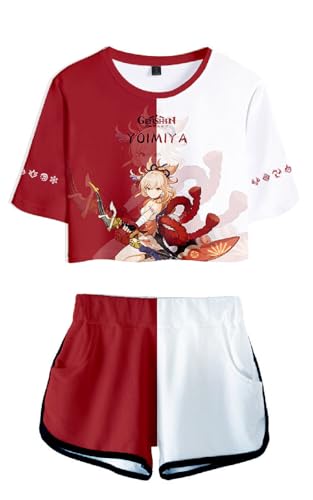 AMOMA Damen Mädchen Cosplay Spiel Crop Top T-Shirt und Shorts Trainingsanzug Zweiteilige Sets Streetwear(S,Yoimiya-Red) von AMOMA