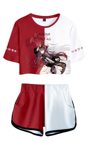AMOMA Damen Mädchen Cosplay Spiel Crop Top T-Shirt und Shorts Trainingsanzug Zweiteilige Sets Streetwear(XL,Hutao-Red) von AMOMA