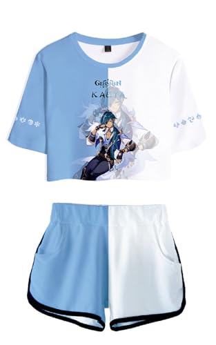 AMOMA Damen Mädchen Cosplay Spiel Crop Top T-Shirt und Shorts Trainingsanzug Zweiteilige Sets Streetwear(XL,Kaeya-Lightblue) von AMOMA