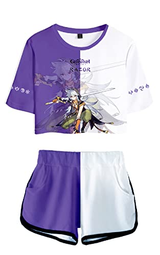 AMOMA Damen Mädchen Cosplay Spiel Genshin Impact Crop Top T-Shirt und Shorts Trainingsanzug Zweiteilige Sets Streetwear(XL,Razor-Purple) von AMOMA