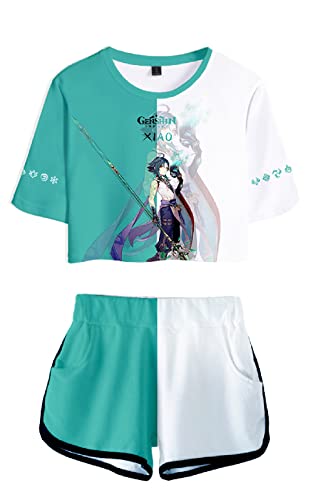 AMOMA Damen Mädchen Cosplay Spiel Genshin Impact Crop Top T-Shirt und Shorts Trainingsanzug Zweiteilige Sets Streetwear(XL,Xiao-Cyan) von AMOMA