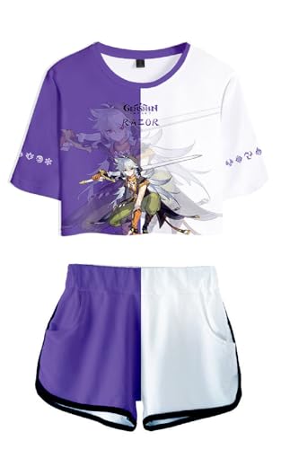 AMOMA Damen Mädchen Cosplay Spiel Crop Top T-Shirt und Shorts Trainingsanzug Zweiteilige Sets Streetwear(XS,Razor-Purple) von AMOMA