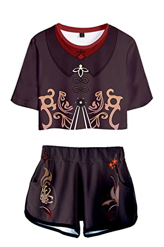 AMOMA Damen Mädchen Spiel Genshin Impact Cosplay Hutao Venti Crop Top T-Shirt und Shorts Zweiteiliger Trainingsanzug(L,01Hutao) von AMOMA