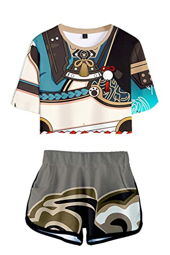 AMOMA Damen Mädchen Spiel Genshin Impact Cosplay Hutao Venti Crop Top T-Shirt und Shorts Zweiteiliger Trainingsanzug(S,03Gorou) von AMOMA