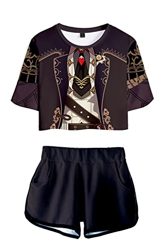 AMOMA Damen Mädchen Spiel Genshin Impact Cosplay Hutao Venti Crop Top T-Shirt und Shorts Zweiteiliger Trainingsanzug(XL,06Diluc) von AMOMA