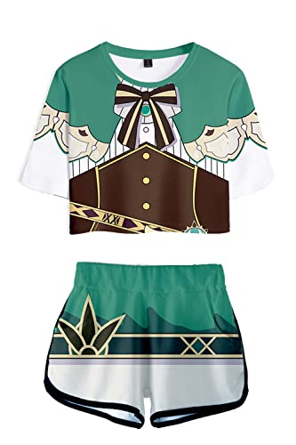 AMOMA Damen Mädchen Spiel Genshin Impact Cosplay Hutao Venti Crop Top T-Shirt und Shorts Zweiteiliger Trainingsanzug(XS,10Venti) von AMOMA