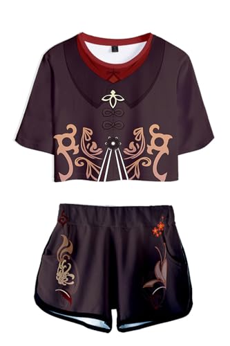AMOMA Damen Mädchen Spiel Cosplay Hutao Venti Crop Top T-Shirt und Shorts Zweiteiliger Trainingsanzug(XXL,01Hutao) von AMOMA
