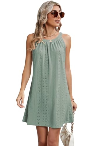 AMOMA Damen Ösen Eyelet Neckholder Kleid Ärmellos Hohl Out A-Linie Freizeit Mini Kurzes Kleid(L,LightGreen) von AMOMA