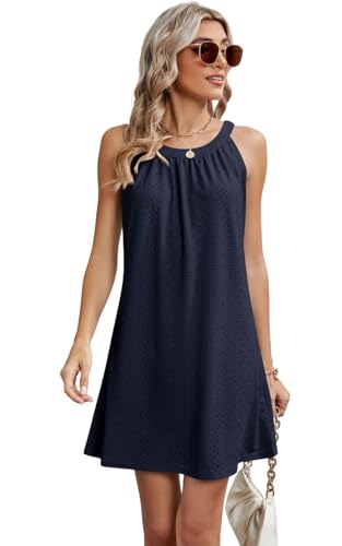 AMOMA Damen Ösen Eyelet Neckholder Kleid Ärmellos Hohl Out A-Linie Freizeit Mini Kurzes Kleid(L,Navyblue) von AMOMA