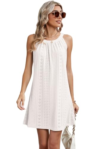 AMOMA Damen Ösen Eyelet Neckholder Kleid Ärmellos Hohl Out A-Linie Freizeit Mini Kurzes Kleid(L,White) von AMOMA